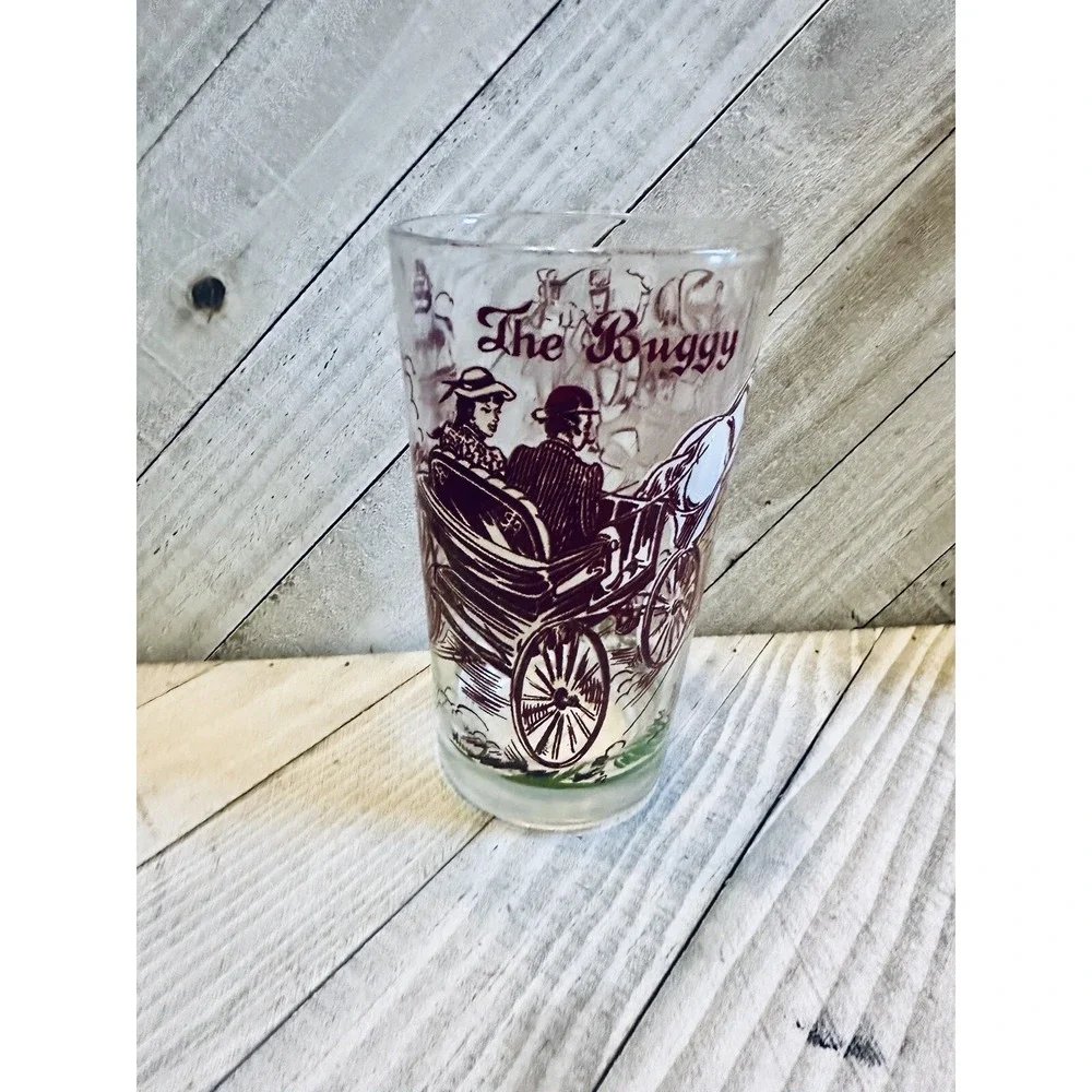 Vintage The Buggy Horse Drawn Carriage Glass Tumbler Maroon Parade Graphic 5.75